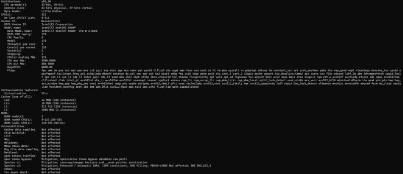 Intel Xeon 6980P Lscpu Output SMT On 1 NUMA Node Per CPU