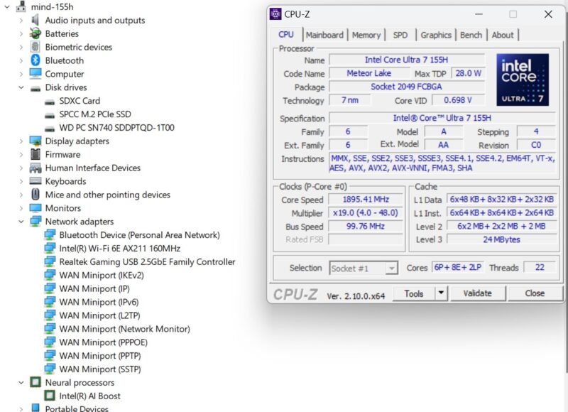 Khadas Mind Meteor Lake Device Manager CPU Z