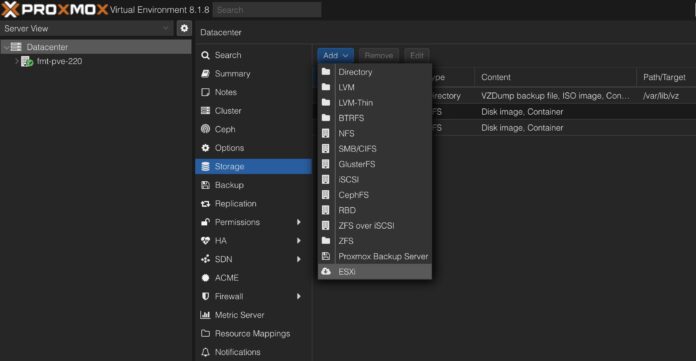 Proxmox VE 8.1.8 Datacenter Storage Add With ESXi