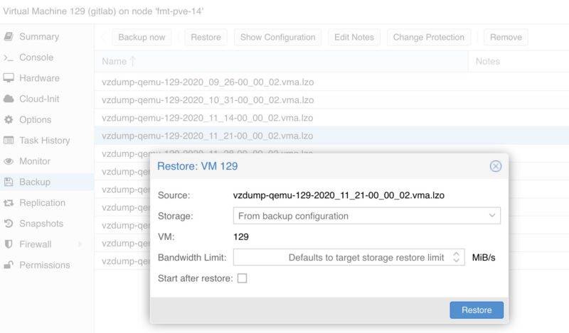 Proxmox VE Restore VM From Backup