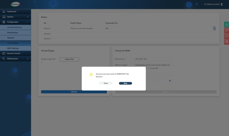 Supermicro HTML5 IKVM UNMOUNT Virtual Media ISO Confirmation