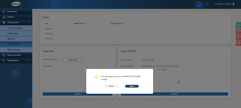 Supermicro HTML5 IKVM Virtual Media ISO Mount Confirmation