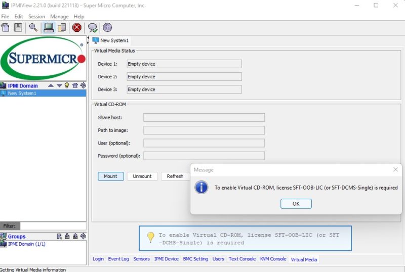 Supermicro IPMIview 2.0 Virtual Media Requires A License