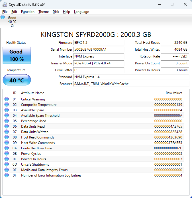 Kingston Renegade 2TB CrystalDiskInfo